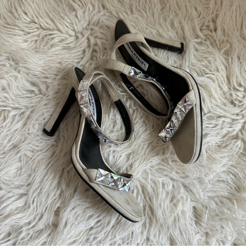 Stunning vintage Sonia Rykiel cream suede and leather heels with rhinestones